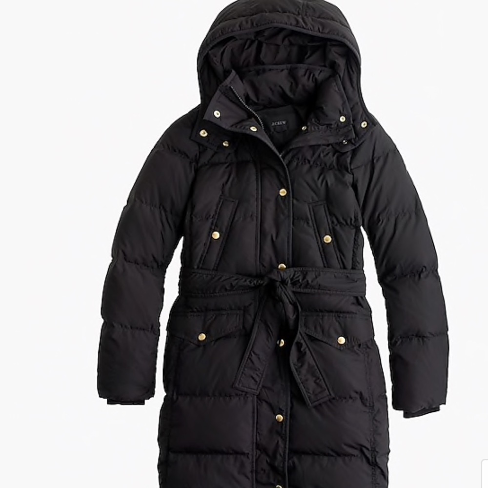 J Crew Long Belted Puffer Parka Coat Black NEW - Picture 7 of 8
